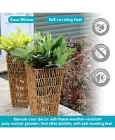 Sunnydaze Decor Hyacinth 11" Tall Square Outdoor Planter - Set of 2 Poly-Wicker Planters with Plastic Inlay Fog