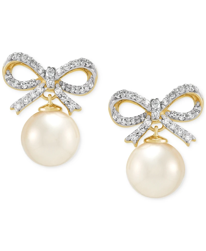 Honora Cultured Freshwater Pearl (6-6-1/2mm) & Diamond (1/6 ct. t.w.) Bow Earrings in 14k Yellow Gold