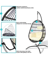 Penelope Hanging Egg Chair with Turquoise Seat Cushions and Steel Stand - Black Wicker 78-Inch