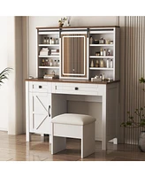Lovmor Farmhouse Makeup Vanity Desk with Sliding Mirror and Lights and Hairdryer holder and charging socket Multilayer storage Shelves,and 2 drawer an