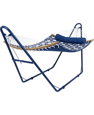 Sunnydaze Decor Curved Spreader Bar Quilted Hammock with Blue Universal Steel Stand - 450-Pound Capacity - Gray and Blue Octagon