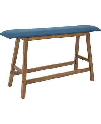 Counter-Height Solid Rubberwood Backless Dining Bench - Weathered Oak Finish with Blue Cushion