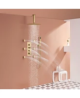 Boyel Living Brushed Gold Celling Mount Thermostatic Rain Shower System with Handheld Shower and Wall Body Jets 3 Functions Wall Mount Shower Faucet