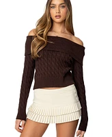 Edikted Women's Glenn Fold Over Cable Knit Sweater