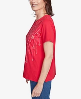 Alfred Dunner Women's Dazzling Shooting Stars Top with Beaded Split Neck