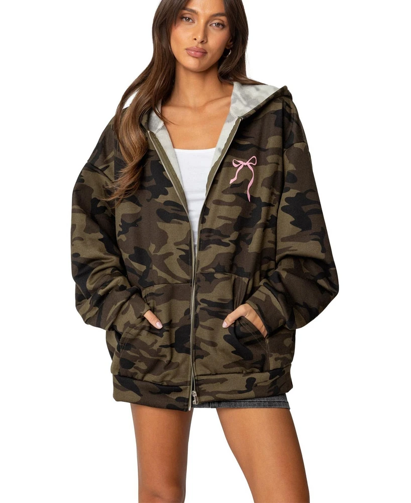 Edikted Womens Camo Oversized Bow Detail Hoodie