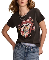 Lucky Brand Women's Rolling Stones Floral Tongue Classic Crewneck T-Shirt