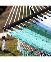 Woven Double Hammock for Outside with Crocheted Edges and Spreader Bars - 600-Pound Weight Capacity Outdoor Hammock for Trees - Lagoon Stripes