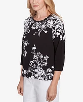 Alfred Dunner Petite Classics Asymmetric Floral Monotone Crewneck Top