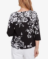 Alfred Dunner Petite Classics Asymmetric Floral Monotone Crewneck Top