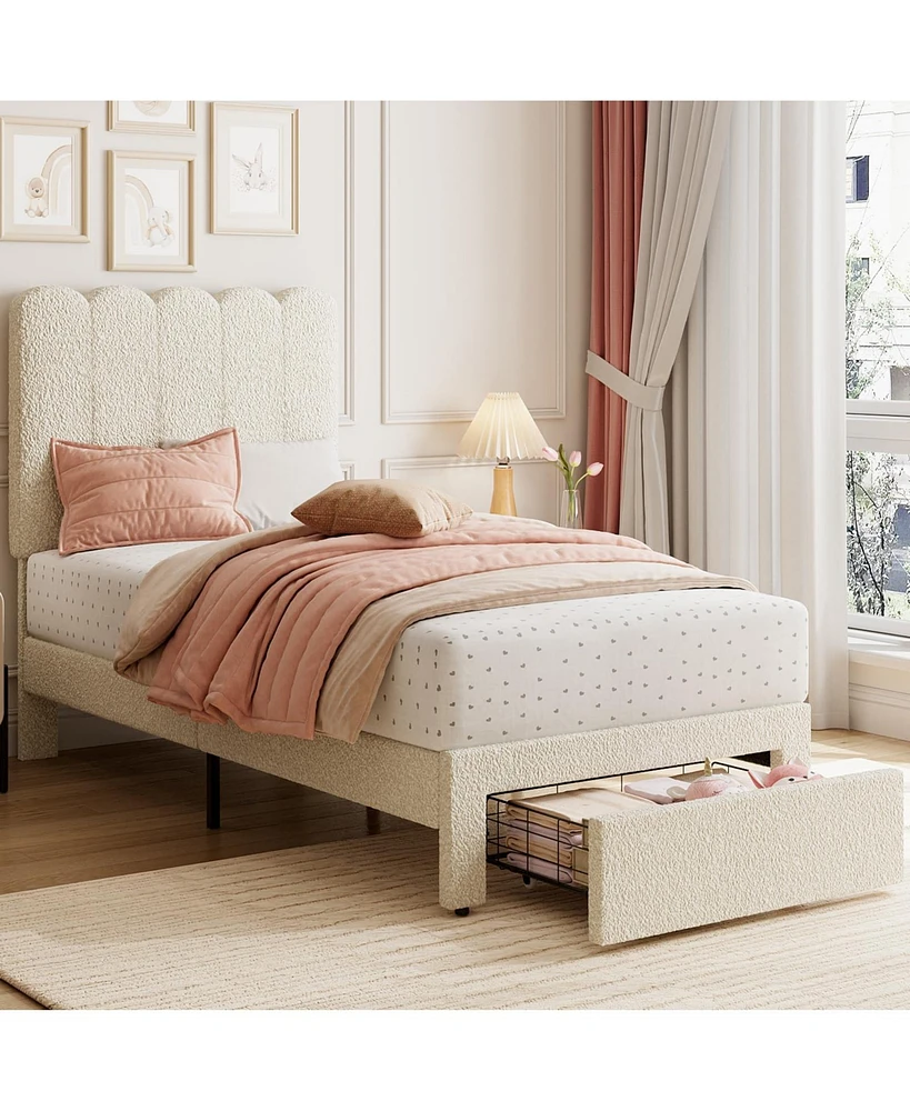 gaomon Twin Bed Frame with Under-Bed Drawer, White Boucle Upholstered Platform Bed