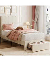 gaomon Twin Bed Frame with Under-Bed Drawer, White Boucle Upholstered Platform Bed