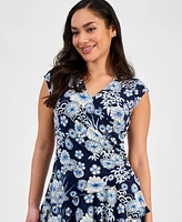 Robbie Bee Petite Printed Jersey Cap-Sleeve A-Line Dress