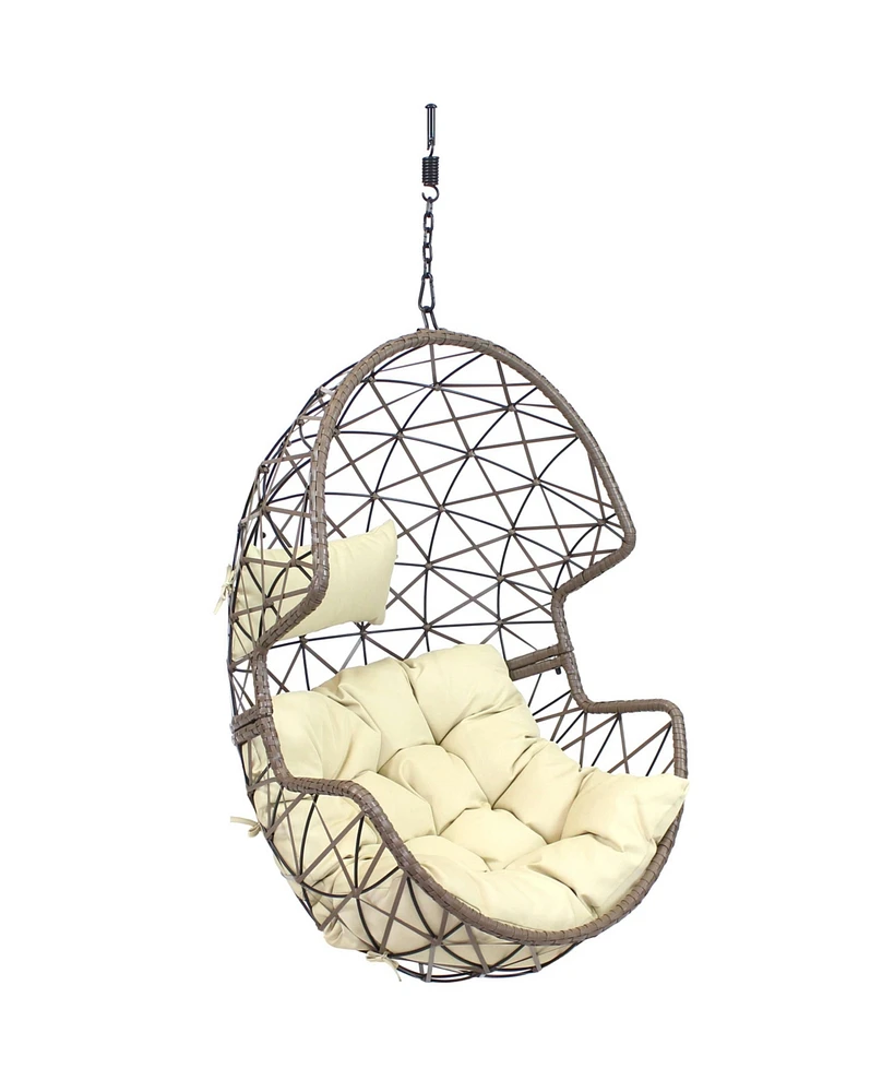 Sunnydaze Decor Lorelei Hanging Egg Chair - Outdoor Patio Lounge Seat - Boho Style Furniture - Resin Wicker Basket Design - Includes Beige Cushion