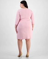 Tahari Plus Side-Tie Back-Belted 3/4-Sleeve Dress