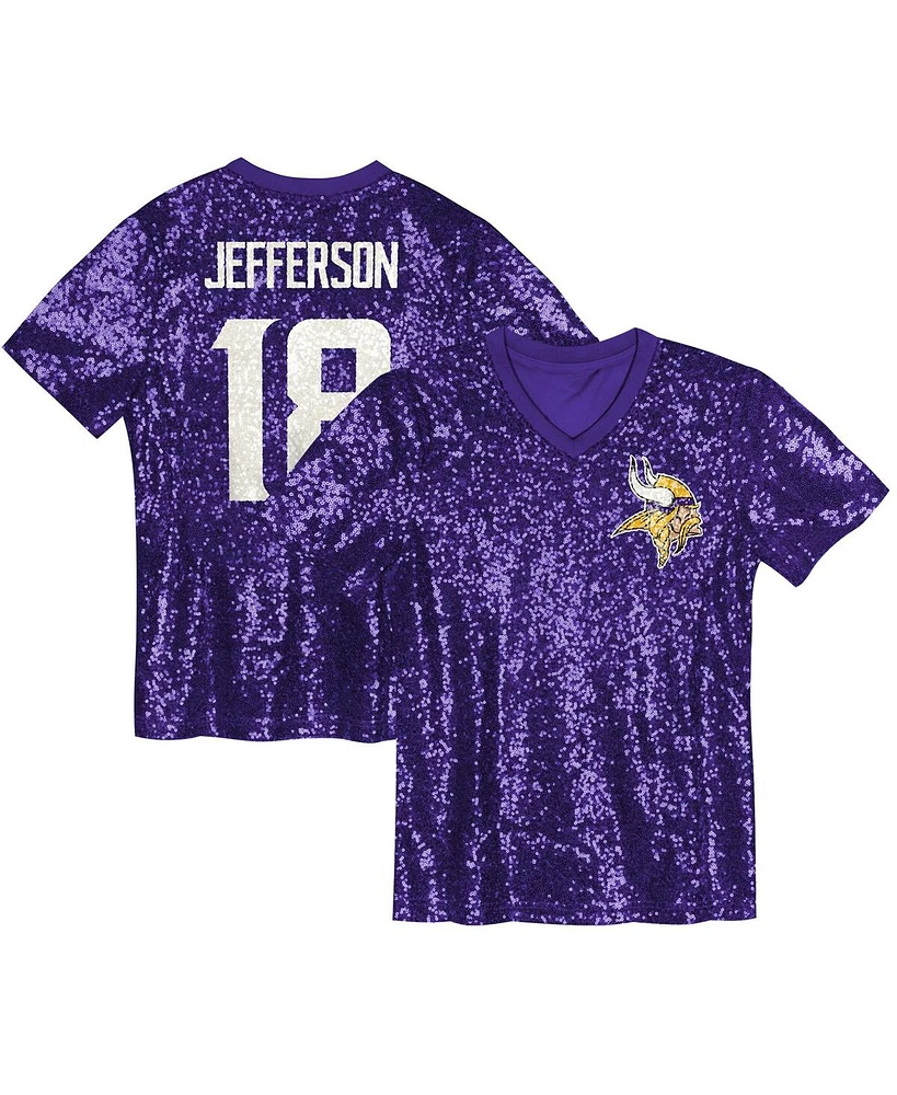 Outerstuff Big Girls Justin Jefferson Purple Minnesota Vikings Sequin V-Neck Fashion Jersey