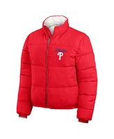 Wear by Erin Andrews Women's Red, White Philadelphia Phillies Reversible Cropped Full-Zip Puffer Jacket