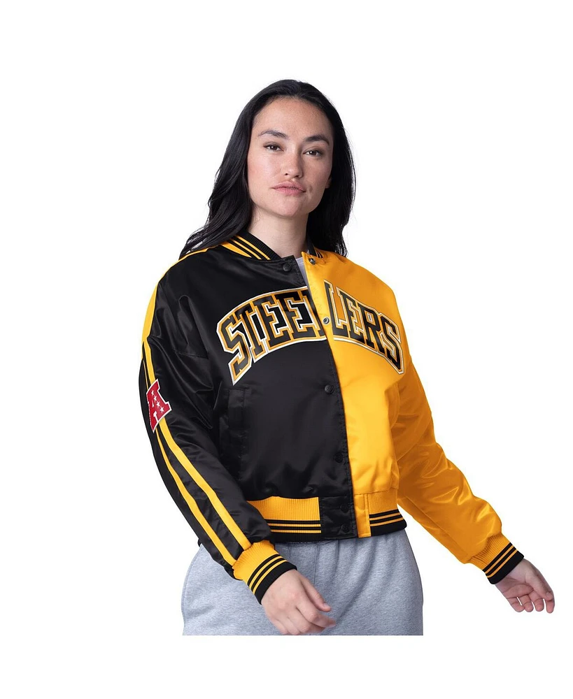 Starter Women's Black/Gold Pittsburgh Steelers Zone Blitz Cropped Full-Snap Satin Jacket