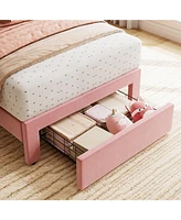 gaomon Twin Bed Frame with Under-Bed Drawer, Pink Velvet Upholstered Platform Bed