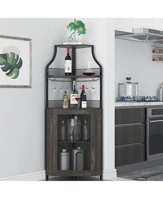 gaomon Corner Wine Bar Rack Cabinet with Detachable Wine Rack, Home Bar Cabinet with Barn Door and Adjustable Shelf