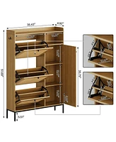 gaomon Shoe Cabinet, Natural Rattan Freestanding Shoe Organizer with 3 Flip-out Drawers and 4 Open Shelves Side Cabinet