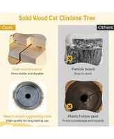 Gymax 50'' Tall Solid Wood Cat Tree w/ Oak Frame & Beech Post Scratching Board & Posts
