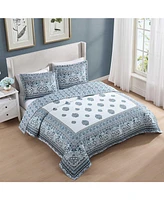 Bebejan Aquamarine Medallion 100% Cotton Sateen 3 Piece Queen Size Reversible Quilted Coverlet Set