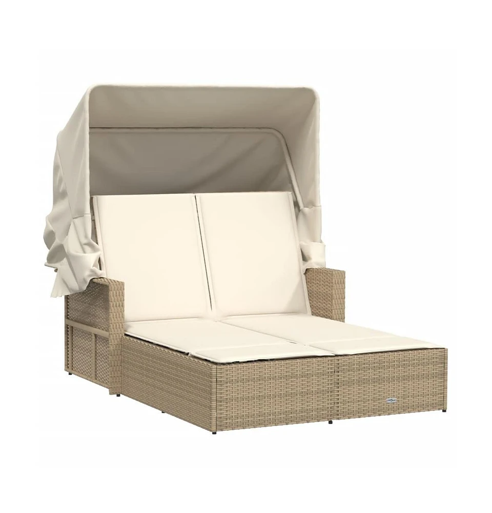 vidaXL Double Sun Lounger with Canopy and Cushions Beige Poly Rattan