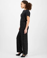 Ak Anne Klein Petite Pull-On Wide-Leg Dot-Print Pants