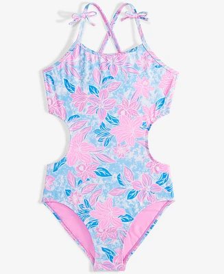 Breaking Waves Big Girls Floral Cutout One-Piece Swimsuit