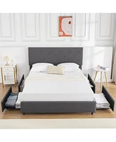 gaomon Full Upholstered Bed Frame with 4 Storage Drawers, Full Size Bed Frame with Adjustable Headboard, Solid Wood Slats Support, No Box Spring Neede