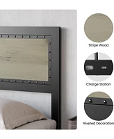 gaomon King Size Bed Frame with Headboard, Industrial Platform Bed Frame with Charging Station, No Box Spring Required, Easy to Assemble