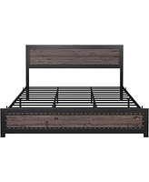 gaomon Queen Size Bed Frame with Headboard, Industrial Platform Bed Frame with Charging Station, No Box Spring Required, Easy to Assemble