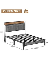 gaomon Queen Size Bed Frame with Led Light and Charging Station, Upholstered Platform Bed with Storage Headboard, Metal Slat, Noise Free, Easy Assembl