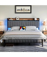 gaomon King Size Bed Frame with Led Light and Charging Station, Upholstered Platform Bed with Storage Headboard, Metal Slat, Noise Free, Easy Assembly