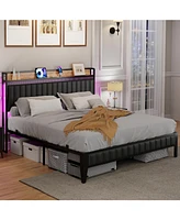 gaomon Bed Frame with Led Light and Charging Station, Upholstered Platform Bed with Storage Headboard, Metal Slat, Noise Free