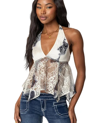 Edikted Womens Asymmetric Printed Lace Halter Top