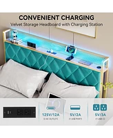 gaomon King Bed Frame with Velvet Storage Headboard, Heavy Duty Steel Slats Support Metal Platform Bed Frame w/Charging Station & Led, App Remote Cont
