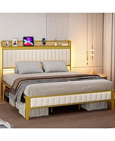 gaomon Bed Frame with Led Light and Charging Station, Upholstered Platform Bed with Storage Headboard, Metal Slat, Noise Free