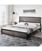 gaomon King Size Bed Frame with Headboard, Industrial Platform Bed Frame with Charging Station, No Box Spring Required, Easy to Assemble