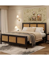 gaomon Rattan Bed Frame with Headboard, Black Boho Cane Platform Bed Frame with Strong Metal Slat, Noise Free, No Box Spring Needed