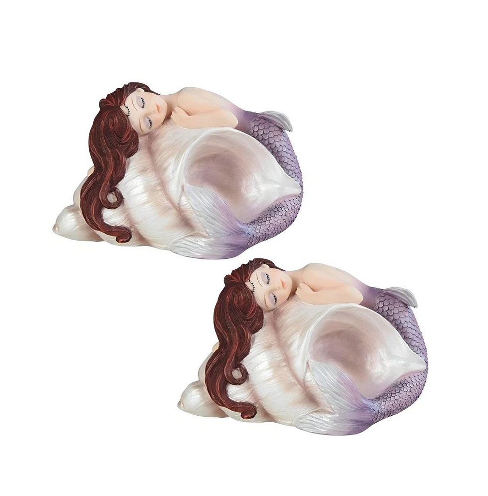 Fc Design "2-pc Set" 4.5"W Purple Tailed Baby Mermaid Sleeping on Ocean Sconce Shell Mergirl Figurine Statue Ornament Home Room Office Decor and Perfe