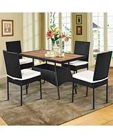 Costway 5 Pcs Patio Rattan Furniture Set Wood Top Table Cushioned Chairs Garden Yard Deck