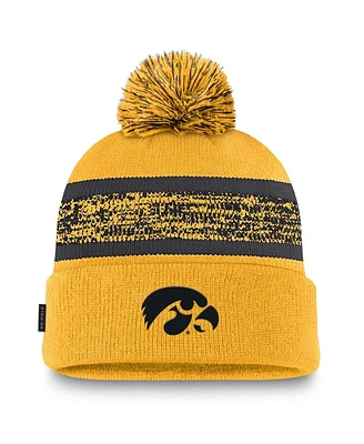 Nike Men's Gold/Black Iowa Hawkeyes On-Field Peak Cuffed Knit Hat with Pom