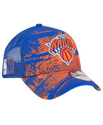 New Era Men's Blue/Orange New York Knicks Tip Off A-Frame Trucker 9FORTY Adjustable Hat