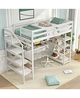 Gouun Twin Size Loft Bed with Desk and Storage Stairs Loft Bed Frame with Shelves and Safety Guardrails