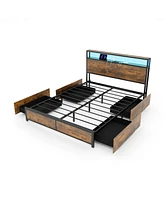 Gouun Queen Size Bed Frame with Smart Led Lights and Storage Drawers-Queen Size