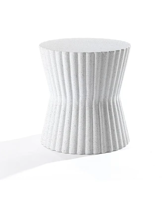 LuxenHome White with Gray Fluted Hourglass-Shape Round MgO Side Table, Indoors and Outdoors