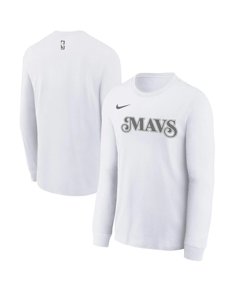 Nike Big Boys and Girls White Dallas Mavericks 2024/25 City Edition Wordmark Performance Long Sleeve T-Shirt