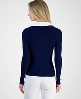 T Tahari Women's Contrast Collared Ribbed Knit Sweater